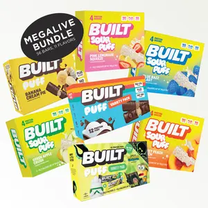 Official BUILT Bar, MEGALIVE Bundle Puff Protein Bar Snack Pack, 16g-17g Protein, 140-150 Calories, Collagen, Soft, Marshmallow-y Texture, 12 Count Box