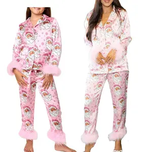 Christmas Mommy and Me Matching Pajamas Set Santa Claus Feather Trim Long Sleeve Top and Pants Mom and Daughter Family Christmas pJ Lounge Sets