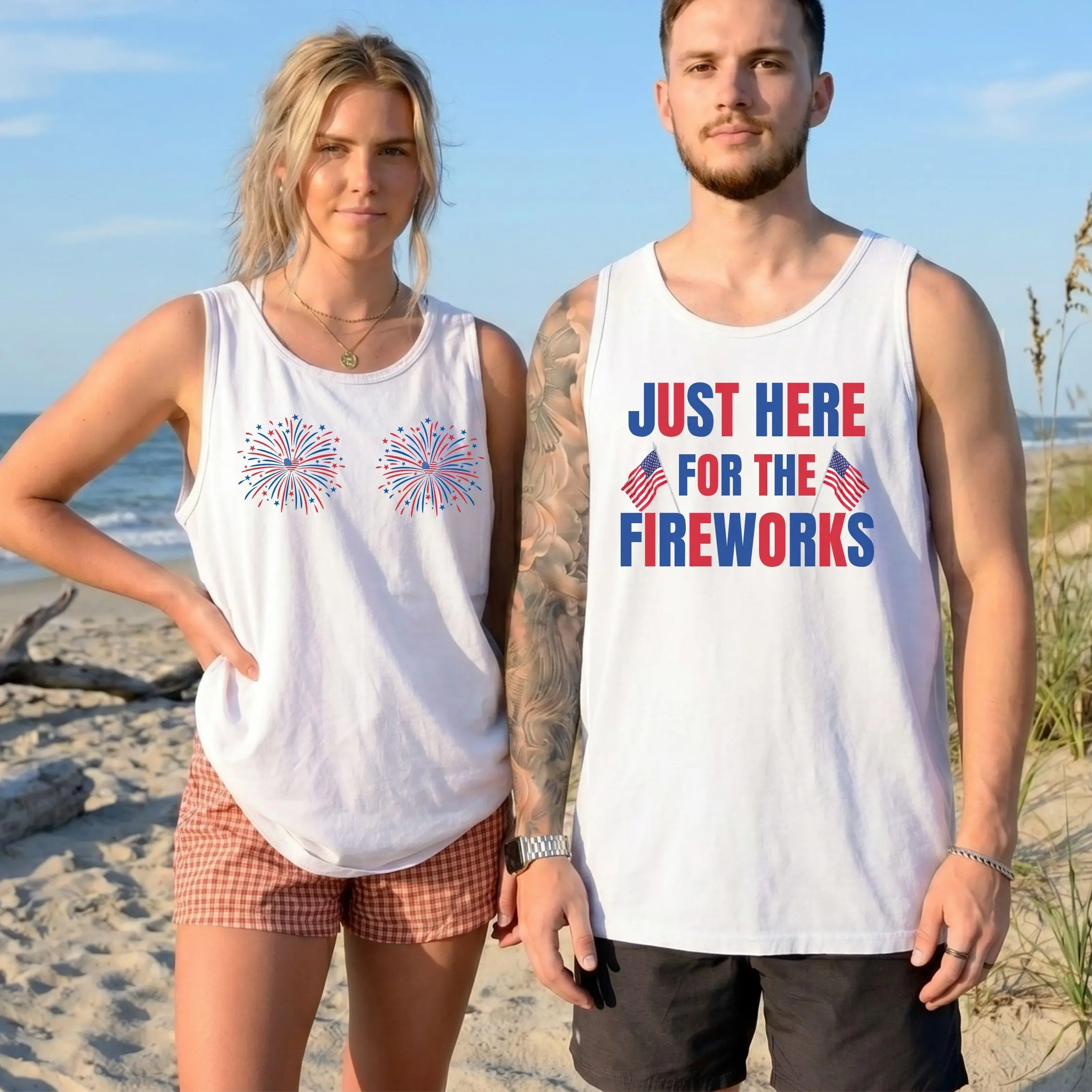 Funny Matching 4th of July Couple Tank Top Just Here for the Fireworks, USA Couple Shirt, Gift for Sarcastic Patriotic Tee