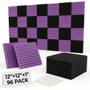 96  Soundproof Foam Panels, 1x12x12 Inch High Density Acoustic Boards, Noise Reduction Studio Wedges for Walls（Black and Purple）