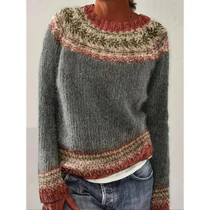 Women's Ethnic Pattern Raglan Sleeve Sweater, Casual Long Sleeve Round Neck Jumper for Fall & Winter, Fashion Ladies' Knitwear for Daily Wear 2025Autumn and winter fashion clothing