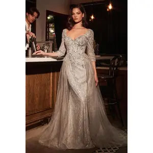 Cinderella Divine -CD749 Queen Anne neckline three-quarter sleeves Long Prom Gown