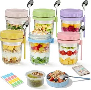 Overnight Oats Containers with Lids and Spoon - 6 Pack 16 oz Glass Mason Jars with Separate Compartments Leakproof Airtight Chia Pudding Salad Yogurt Parfait Cups for Oatmeal Cereal Meal Prep