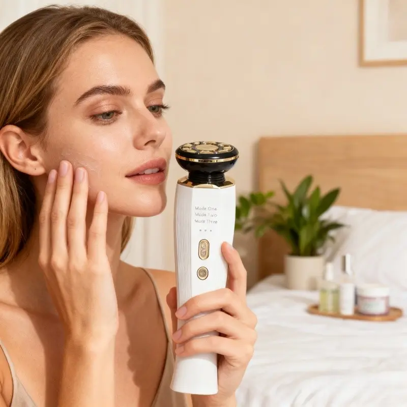 Home RF beauty device - Facial lifting and firming massager - Microcurrent V face instrument - Warm sensation facial cleansing introduction - Red and blue light phototherapy for skin rejuvenation - Vibration massage to reduce fine lines - Neck de-swelling