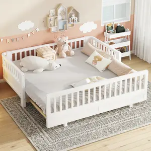 Twin Size Platform Floor Bed with Guardrails, Solid Wood Extendable Twin Bed Frame, Can Be Converted into a Double Twin Platform Bed, No Box Spring Needed