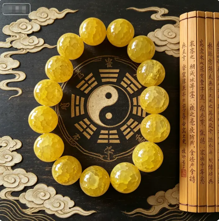 Yellow Cracked Crystal Bead Bracelet Taoist Blessing Energy Healing Bracelet for Men Women