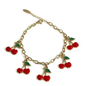 Cherry Brazalete Stain Steel PVD 18k 6 Inches Plus Extension Bracelet with Red Enamel Cherries and Green Leaves