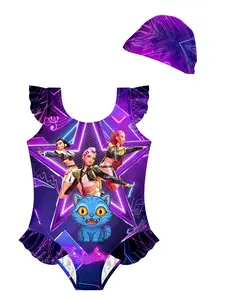 ✨Cyber Electronic Style Kids Swimsuit, Idol Group & Magic Cat Starry Print Ruffle Sleeve, Perfect for Pool & Beach Fun