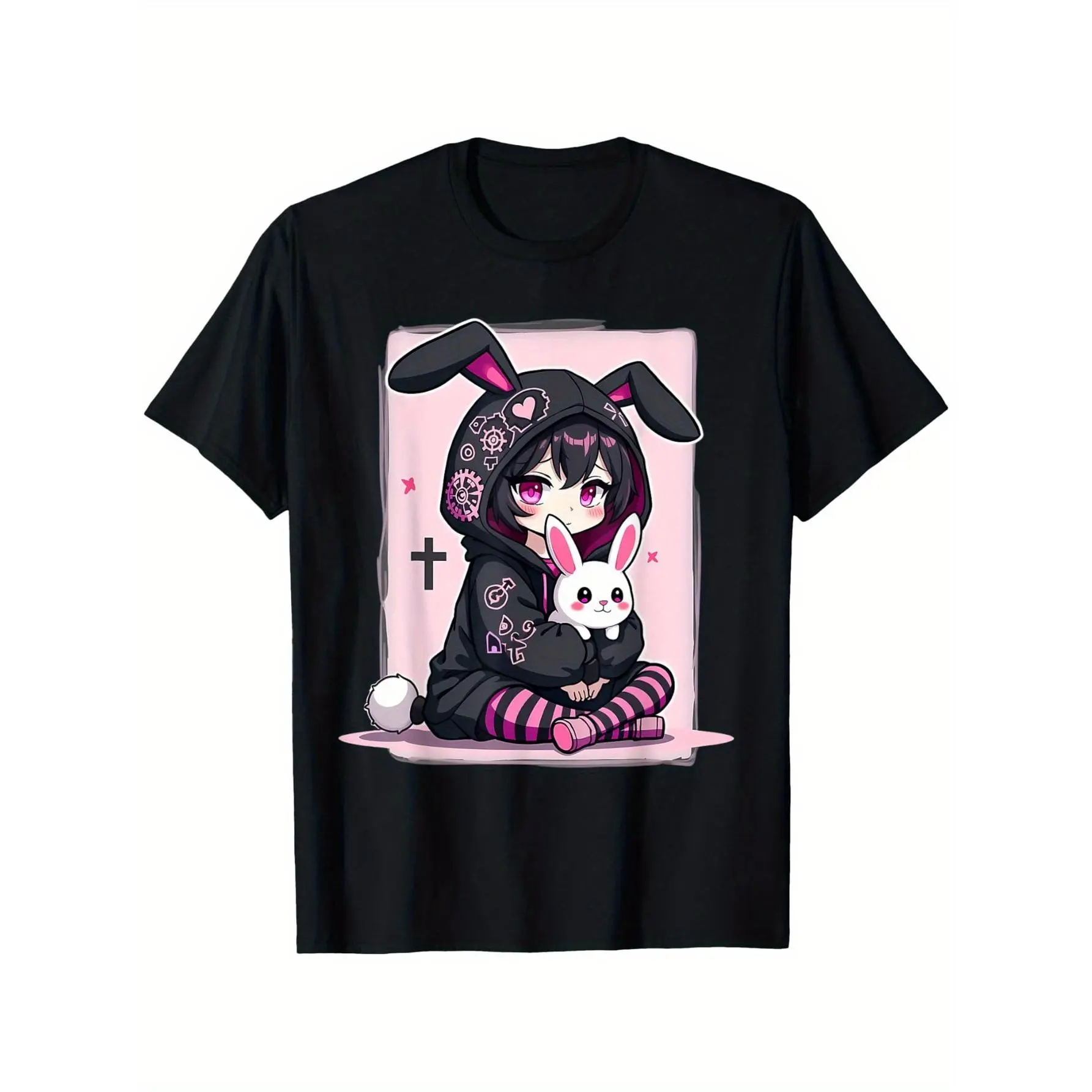 Unisex Goth Anime Bunny Print T-Shirt, Casual Grunge Short Sleeve Top in Breathable 100% Cotton Fabric, Tshirt, Shortsleeve, Comfortable, Round Neck, Matching, Style