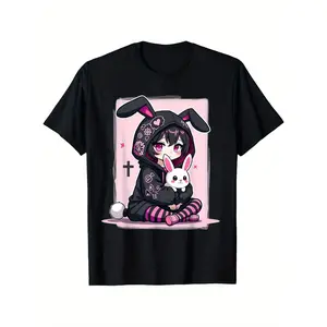 Goth Bunny Anime Cute E-Gothic Outfit Grunge T-Shirt, 100% Cotton, 180G Fabric Weight, Casual Holiday T-Shirts for Men And Women Are The Perfect Gift for Friends And Family, S-XXXL, Black