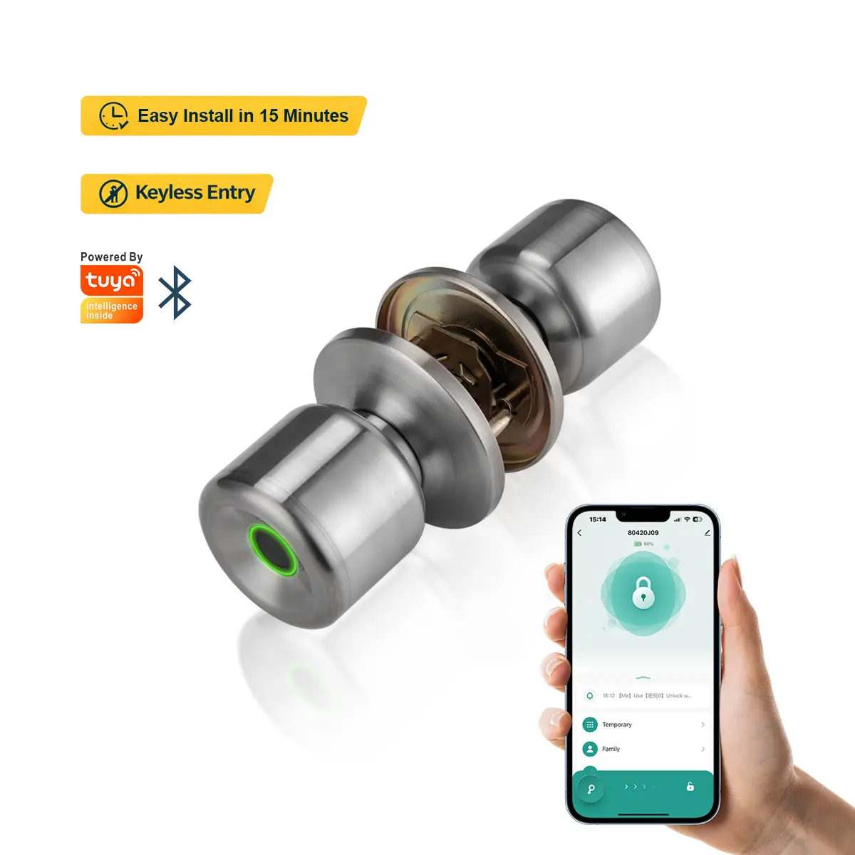 Metallic Finish 3-in-1 Keyless Entry Fingerprint Smart Door Knob - App Control, Local Data Storage, Auto Relock, Backup Keys, Wire-Free Easy Installation, USB Emergency Power for Home, Lifetime Technical Support