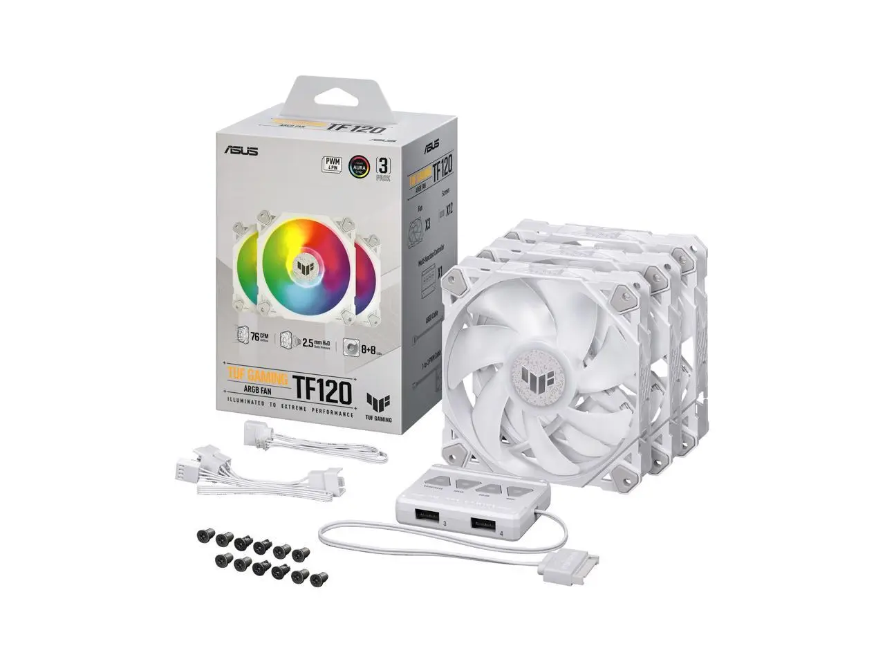 ASUS TUF GAMING TF120 ARGB WHITE EDITION Chassis Fan 3-Pin Customizable LEDs Blade, Advanced Fluid Dynamic Bearing, 120mm PWM Control, Anti-vibration Pads, Double-layer LED Array for Computer Case & Liquid Radiator Bundled with ARGB Control