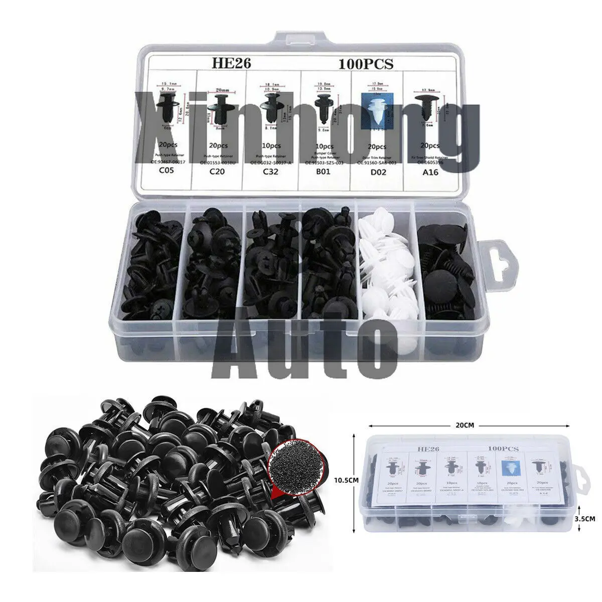 Nylon GM Car Retainer Clips Assorted Set - 100 Pcs, 6 Sizes, Universal Push Pins, Body Bumper Rivets for Bumper/Skirt Trim Fastening, Exact Replacement for Old Retainers, Good Accessory with Plastic Box, Detailed Listings Included