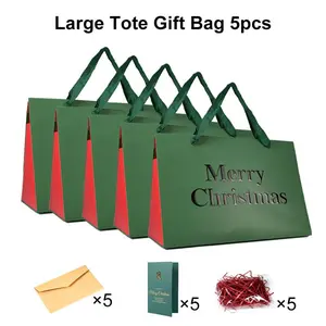 5PCS Christmas Tote Gift Bags, Holiday Bags, Party Favor Bags, Portable、Foldable and Reusable, For Presents, Party, Birthday Box, Gift Packging, Family or Business
