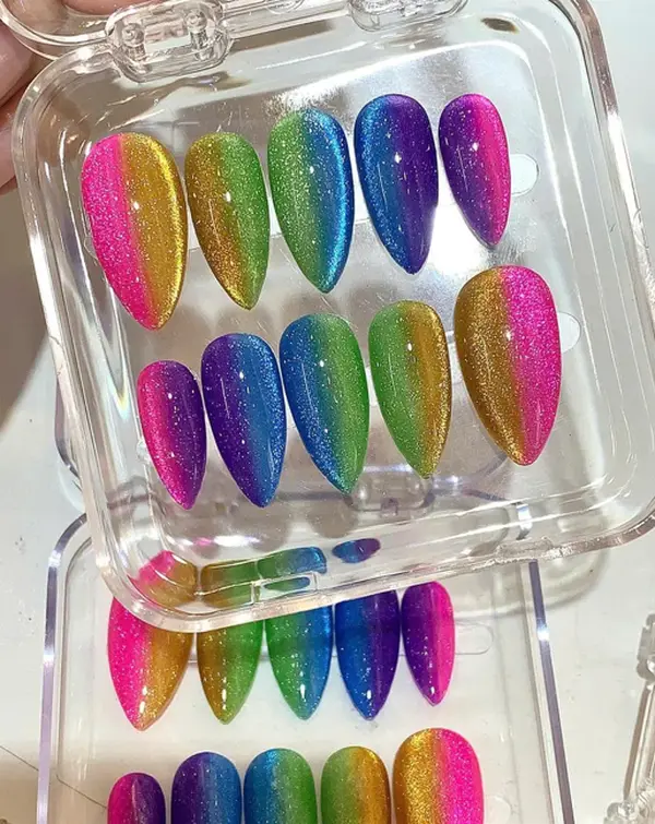 Rainbow Cat Eye Press On Nails, Sparkly Ombre Magnetic Gel Fake Nails, Colorful Summer Pride Custom Stiletto Nails