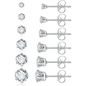 6 Pairs Silver Stud Earrings for Women 3-8 Mm 316L Hypoallergenic Cubic Zirconia Surgical Stainless Steel Earring Studs