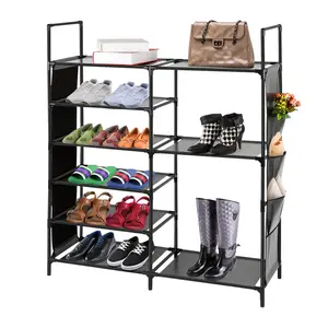 Six-tier double-row shoe rack, suitable for wardrobe shoe storage; long shoe rack for storing shoes and boots; freestanding shoe rack suitable for entryways, garages, small spaces, and dormitories; black.