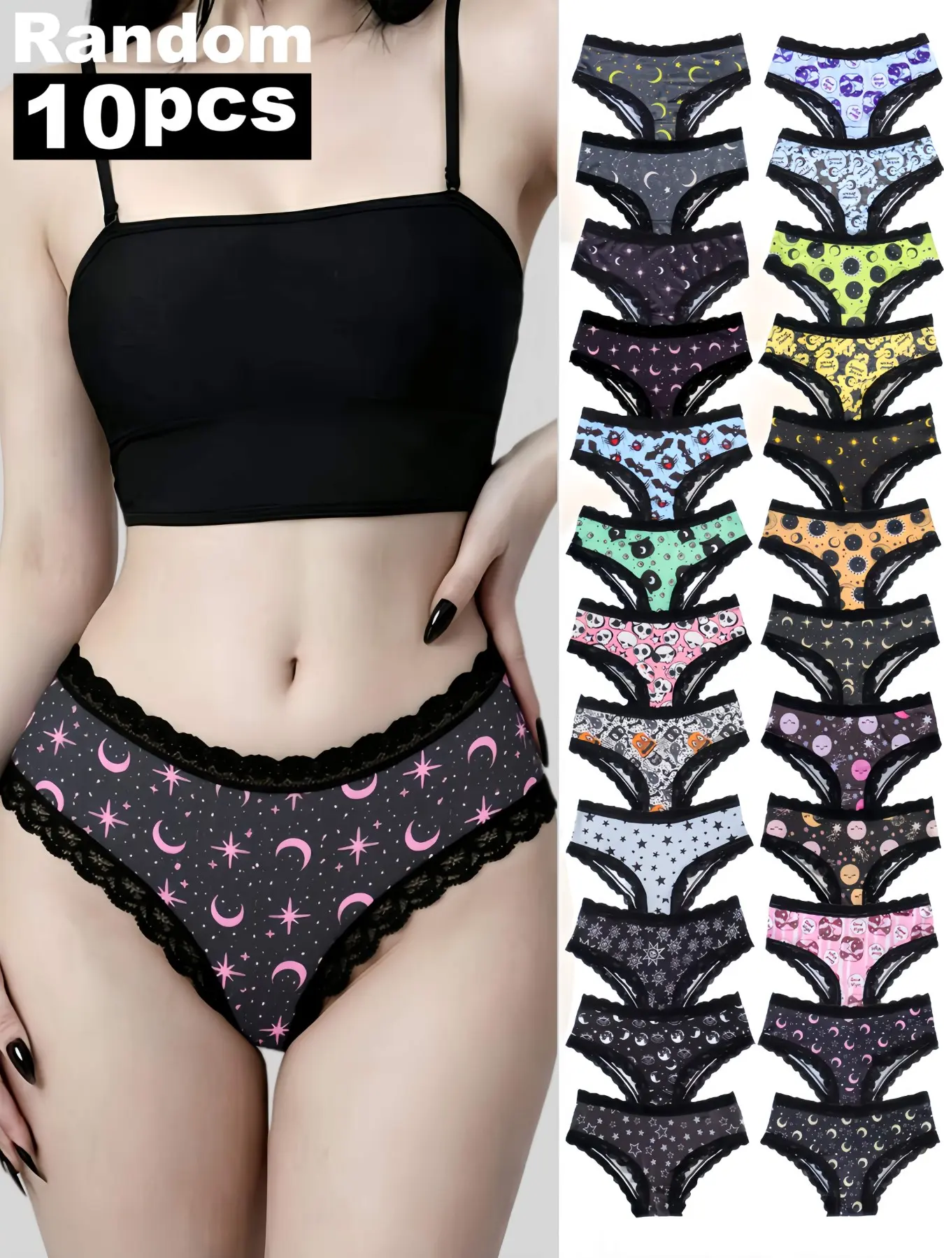 Random 10-Pack Women's Hipster Thong Underwear Set, Contrast Lace, Gothic Skull Print, Comfortable Casual, All Seasons, Drop Waist, Cartoon Pattern, Drop Waist Panties, outfitinspo & baddie & halloween & lingerie & theboys