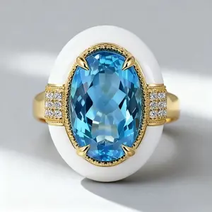 Women's Art Deco Oval Synthetic Blue Topaz & White Enamel Cocktail Ring - Blue Stone, Court Style, Gemstone Accents, Gold-Plated Bezel Vintage Luxury Jewelry Gift, Blue Stone Rings, Court Style Rings