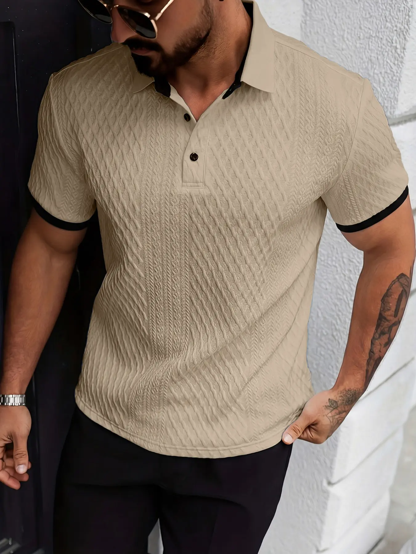 Men's Textured Contrast Trim Polo Shirt, Breathable Polo Shirts, Jacquard Diamond Pattern Short Sleeve Tee, Casual Business Streetwear, Slim Fit Johnny Collar Golf Top, Soft Breathable Wrist Knit Shirt, Viral TikTok Men Fashion Essential