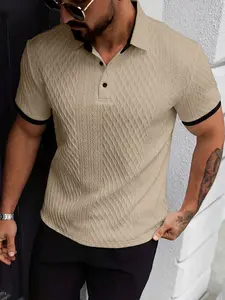 Men's Textured Contrast Trim Polo Shirt, Jacquard Diamond Pattern Short Sleeve Tee, Casual Business Streetwear, Slim Fit Johnny Collar Golf Top, Soft Breathable Wrist Knit Shirt, Viral TikTok Men Fashion Essential