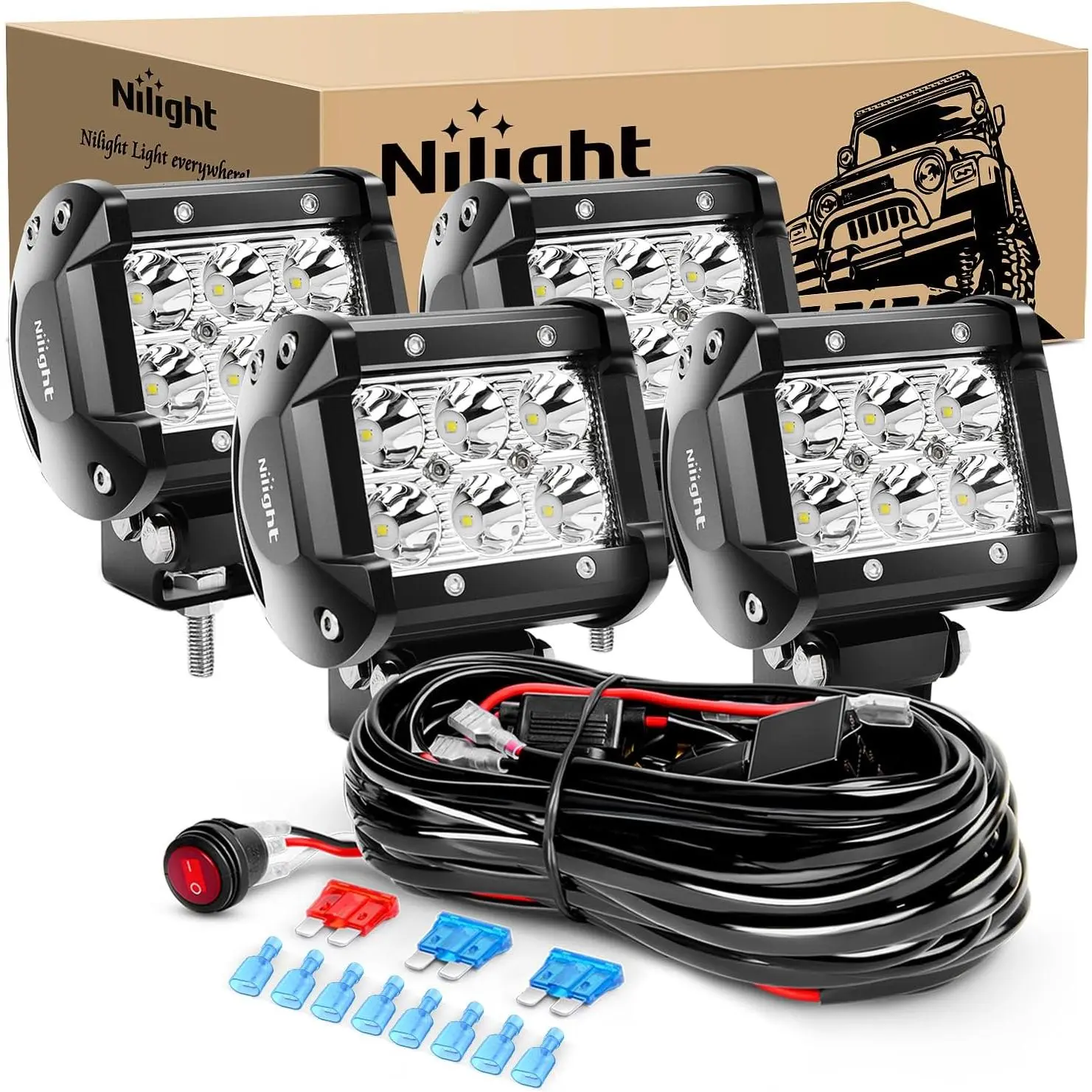 Nilight 4PCS 4-Inch 18W Spot LED Offroad Lights - Aluminum Housing, Waterproof, Concentrated Beam, Long-Lasting LEDs, Offroad Car Lighting Wiring Harness for ATVs, Trucks, Fog Use,car accessories, Motorbike