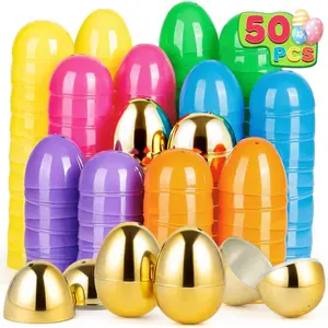 Plastic Easter Eggs, 2.4'' Bulk 42 PCS Easter Eggs with 8 Golden Eggs, Hinged Empty Fillable Eggs for Easter Egg Hunt, Basket Stuffers Fillers, Easter Party Favor for Kids