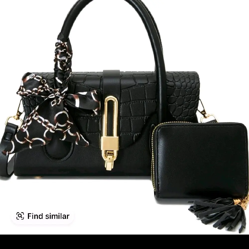 Elegant Black Crocodile-Embossed Satchel with Gold Hardware and Matching Wallet Set