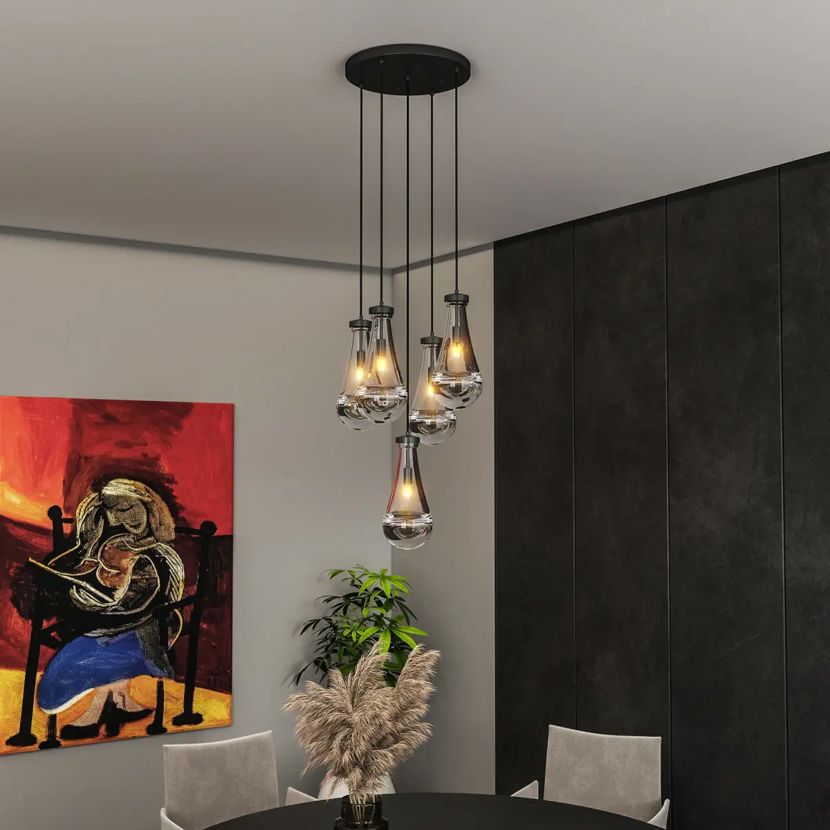 5 Light Cluster Pendant Lights, Black High Ceiling Chandeliers Adjustable, Living Room Pendant Light, Foyer Chandeliers, Stairwell Pendant Lighting, Bedroom Chandelier,E12 not including bulb