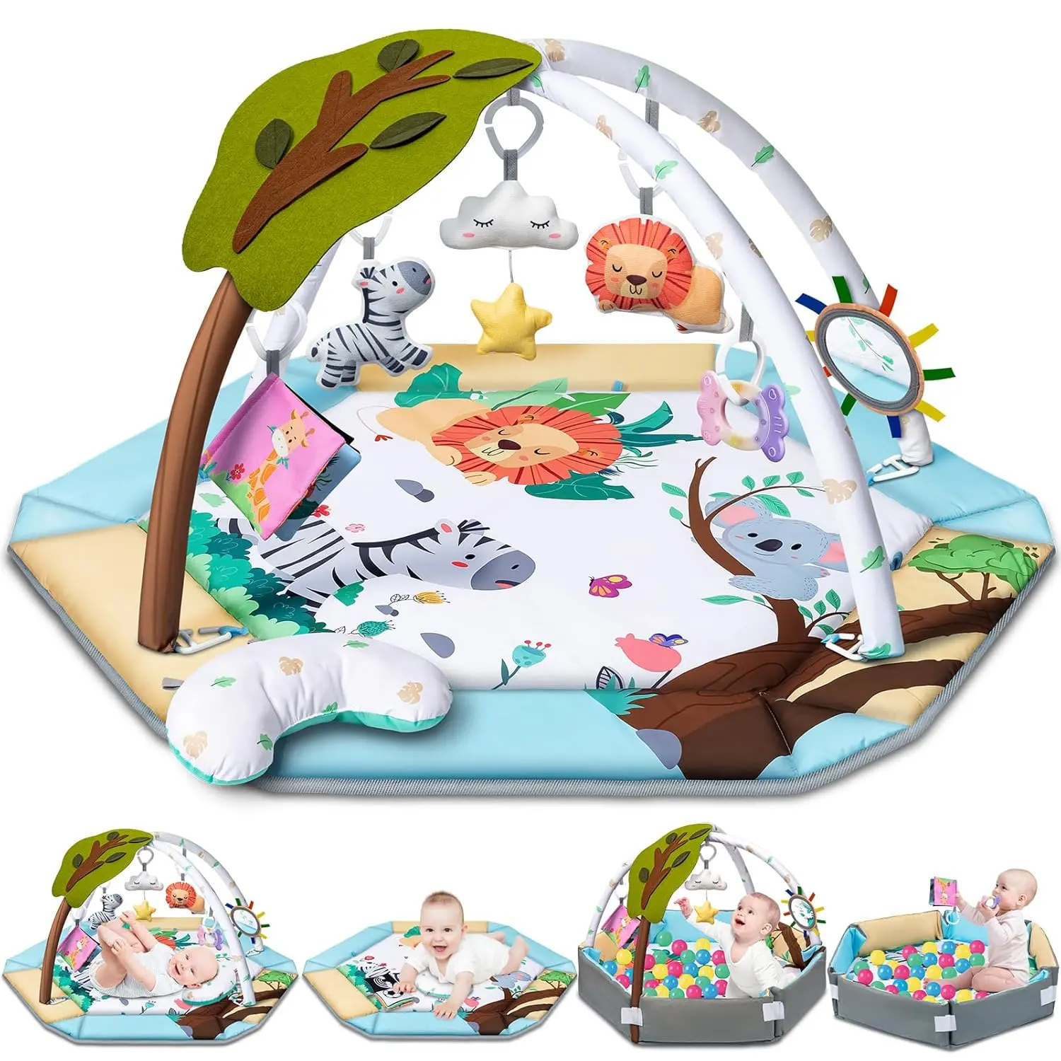 8-in-1 Baby Gym Play Mat with 6 Toys Washable Tummy Time Mat & Ball Pit Sensory Development Activity Mat for 0-12 Month Infant Toddler Gift Visual Hearing Motor Skills