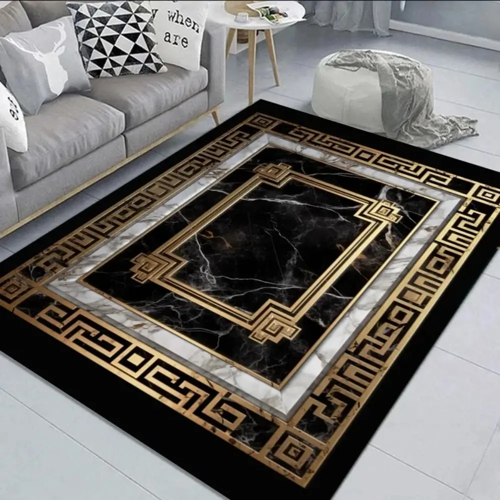Luxury Black Marble & Gold Greek Key Multi-Layer Flannel Rug - Oversized Soft Plush Mat for Living Room & Bedroom, Non-Slip Modern Home Decor, Home Decorative Rug, Household Decorative Rug