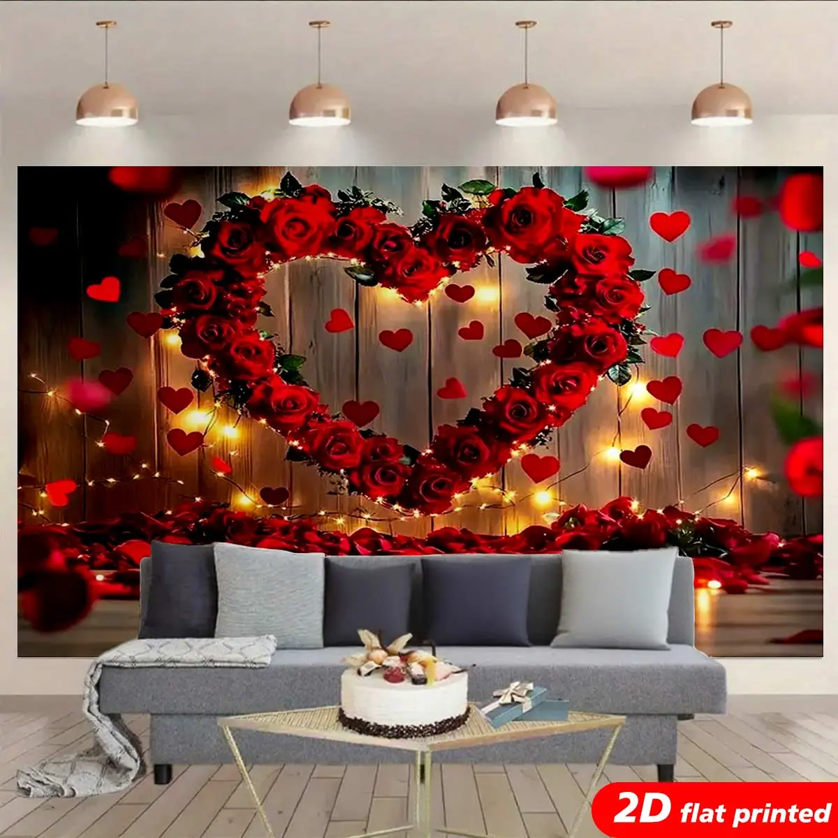 Red Rose Heart Decorative Wreath Tapestry Wall Hanging - 2D Flat Printed Photo Backdrop, Light Wooden Fairy Flower Wreath, Romantic Floral Home Decor, Ideal for Bedroom, Valentine's Day Gift for Her, Decorative Wreath Tapestries, Adorable Design