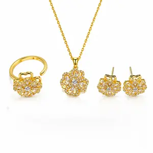 Rotatable Flower Jewelry Set for Women, 14K Gold Plated Titanium Steel Jewelry with AAA Zircon, Hypoallergenic Necklace Earrings Ring Set, 2-Layer Spinning Clover Jewelry for Daily Wear, Party, Gift for Her