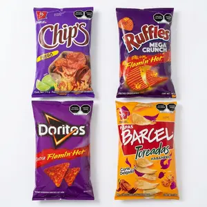 Spicy 4pck snacks, Chips fuego Barcel, Ruffles Mega Crunch, Doritos Flaming, Barcel Toredas.