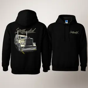 Stay Loaded Hoodie with 2 Sides Graphic, Bold Chrome Semi Truck Back Print in Cream and Black with Script Logo, Front Stay Loaded Chest Logo, Soft Cotton Blend Hoodie, Streetwear Apparel for Men and Women, Gift for Truckers and Big Rig Enthusiasts
