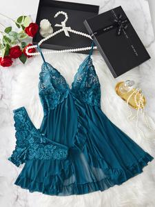 ladies' sexy ruffle trim spaghetti strap nightdress & bow decor panty set, pajama sets women, comfortable playful floral lace see through sleepwear set, lingerie for women, womenswear, lace trim sleep dress
