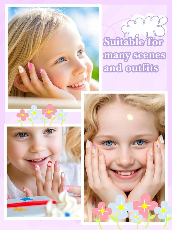 EBANKU Press on Nails Kit for Kids,Includes 144、130、78、24 Pieces Per Pack,Colorful Flower Almond Fake Nail Tips for Girls, Kid Fake Nail Kit for Girls 8-12 Years Old with Jelly Nail Adhesives Valentine Nails Kit and Birthday Gifts Holiday Haul Diy