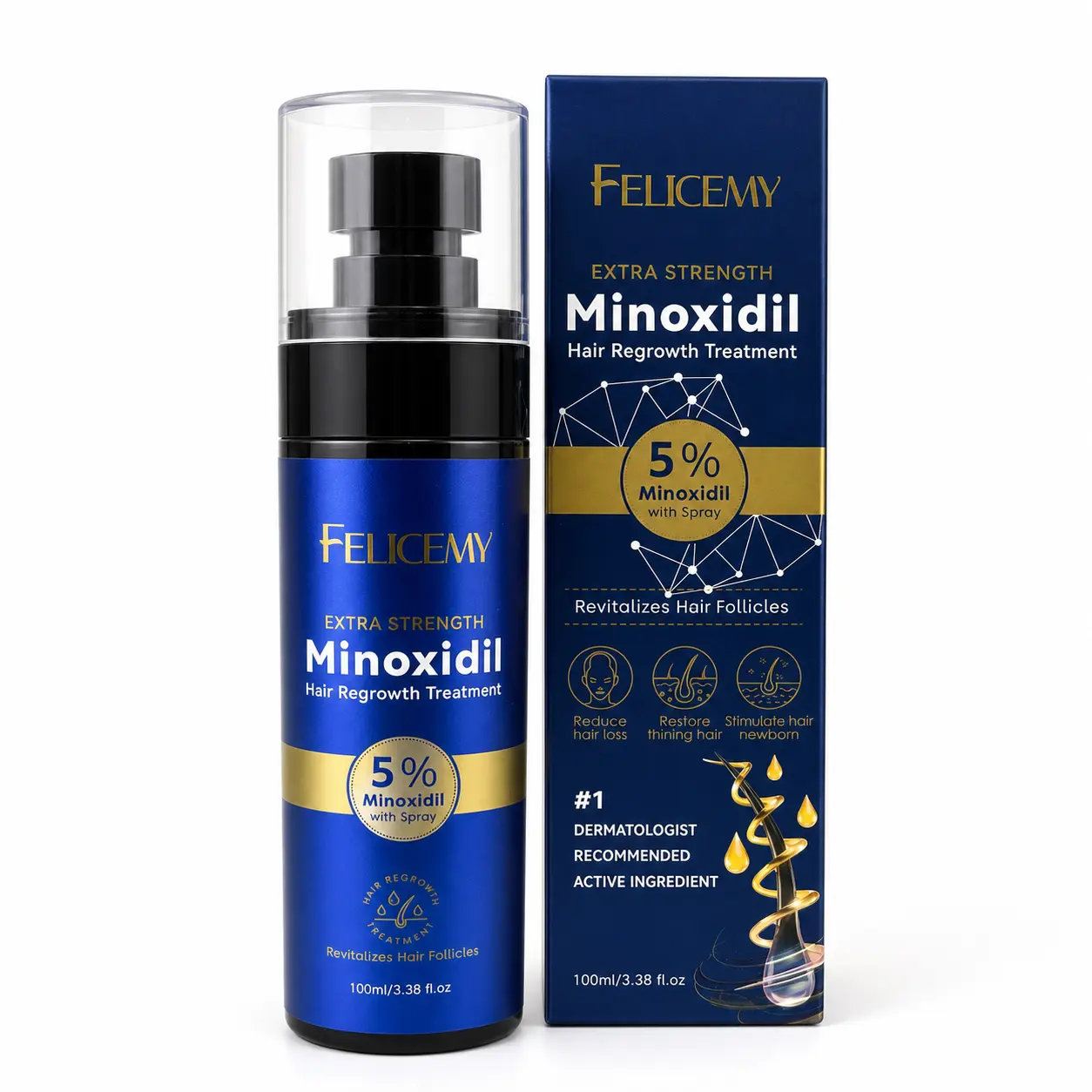 FELICEMY 5% Minoxidil Hair Regrowth Spray for Men & Women, Topical Scalp Treatment for Thinning Hair, Easy-Apply Leave-In Formula, 60mL