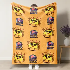 Taco Bell Themed Cute Cartoon Taco Character Blanket, Warm Orange Background Blanket,1 Count Trendy Soft Throw Blanket, Warm Nap Blanket for Home Office Travel, Print Blanket