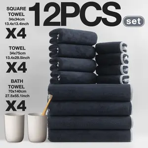 12-Piece Bath Set, Thickened Fall/winter Collection, Includes 4 Bath Towels (140x70 Cm), 4 Hand Towels (74x34 Cm), 4 Face Cloths (34x34 Cm), Absorbent Thickened Towels