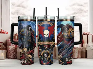 Warhammer 40K Night Lords Konrad Curze Primarch 40oz Insulated Tumbler - 'Ave Dominus Nox' Chaos Space Marine Art Travel Mug with Handle & Straw - Epic Grimdark Tabletop Gamer Gift