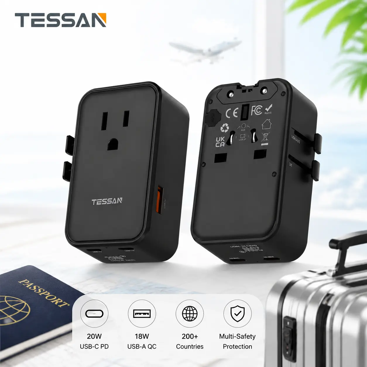 TESSAN 20W International Power Adapter, Ultra Slim Universal Travel Adapter with 2 USB-C 1 USB-A, Travel Adaptor Worldwide Plug for US to European UK Spain England New Zealand (Type C G A I)