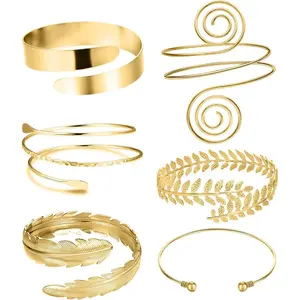 6 Pieces Arm Cuff Upper Arm Band Cuff Bracelet Bangle for Women Silver Gold Adjustable Armband Set