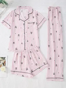 Women's 3-Piece Bubble Crinkle Loungewear Set, Striped Cherry Print Short-Sleeve Open Front Top with Shorts and Long Pants, Wearable Outside Pajama Set