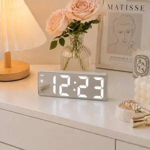 Modern Sound Activated LED Mirror Digital Alarm Clock Lightweight Black Plastic Desk Clock Battery Operated Without Battery Multi-scene Home Decor Bedroom Room Ornament Teen Dorm Table Accessories Cute Household Room Decoration Supplies