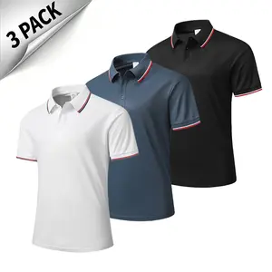3-Pack Men’s Golf Polo Shirts with Red Trim and Contrast Collar, Breathable Casual Versatile Tops for Summer