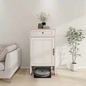 Robot Vacuum Stand Cabinet with Wheels, Sweeping Robot Storage Rack with Doors and Drawers, Side Table for Living Room, Home Office, Kitchen-Antique White