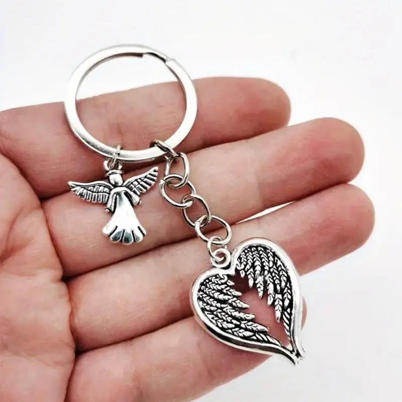 Silver-Finish Zinc Alloy Feathered Guardian Angels Keychain, Compact Protective Charm for Women, Mother’s Day Gift Accessory, Symbolic, Protective Accessory, Lightweight Protective Accessory