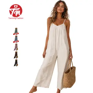 Tanming Women's Chic Basic Strappy Backless Spaghetti Strap Overalls - Sleeveless Tie-Back Long Wide-Leg Rompers for Women with Side Pockets, Casual Loungewear Outfit,summerwins
