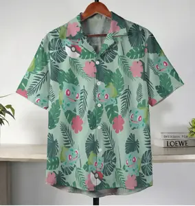 PKM Bulbasaur Tropical Green Hawaii Shirt, Cute Video Game Monster Apparel For Men Women, Fun Printed Summer Vacation Outfit